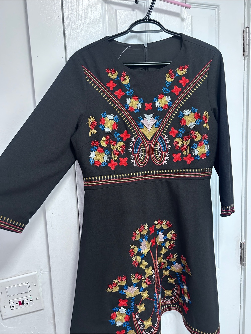 Black Long-Sleeve Embroidered A-Line Dress - Women's Floral Detail